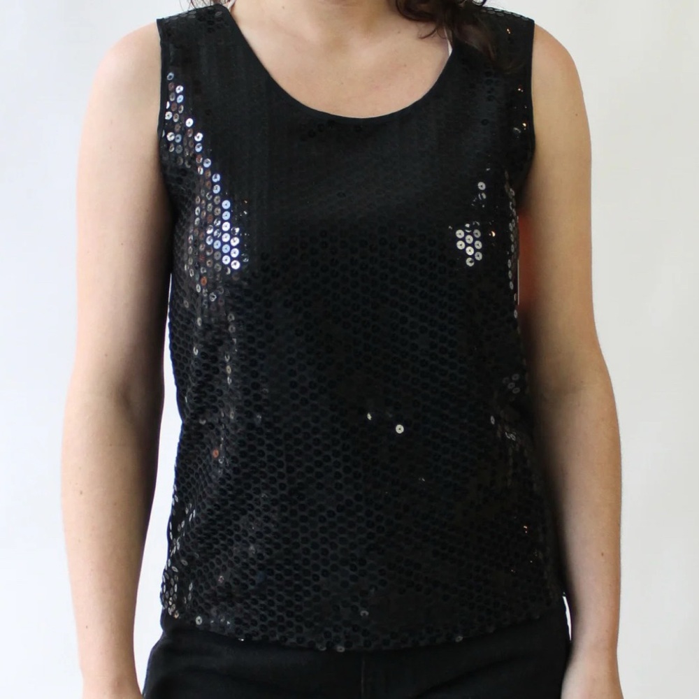 Vintage Jordan II Black Sequined Silky Tank Sheer‎ Back 24W